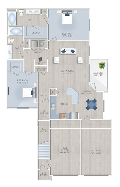 Floor plan for 2 beds, 2 baths, 1376 sqft
